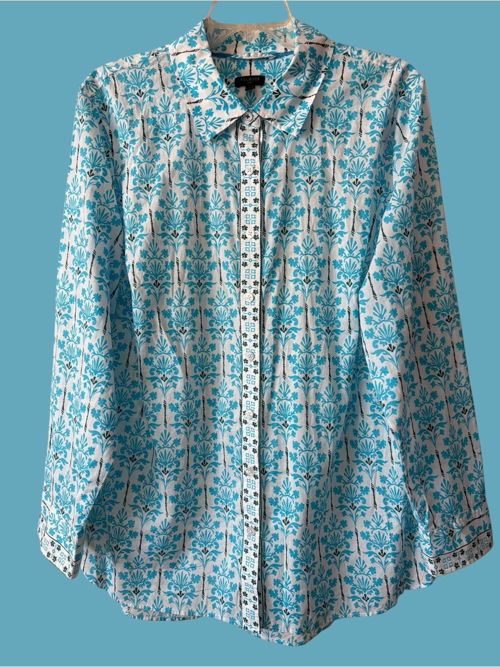 Talbots Plus White Shirt with Turquoise Floral Print